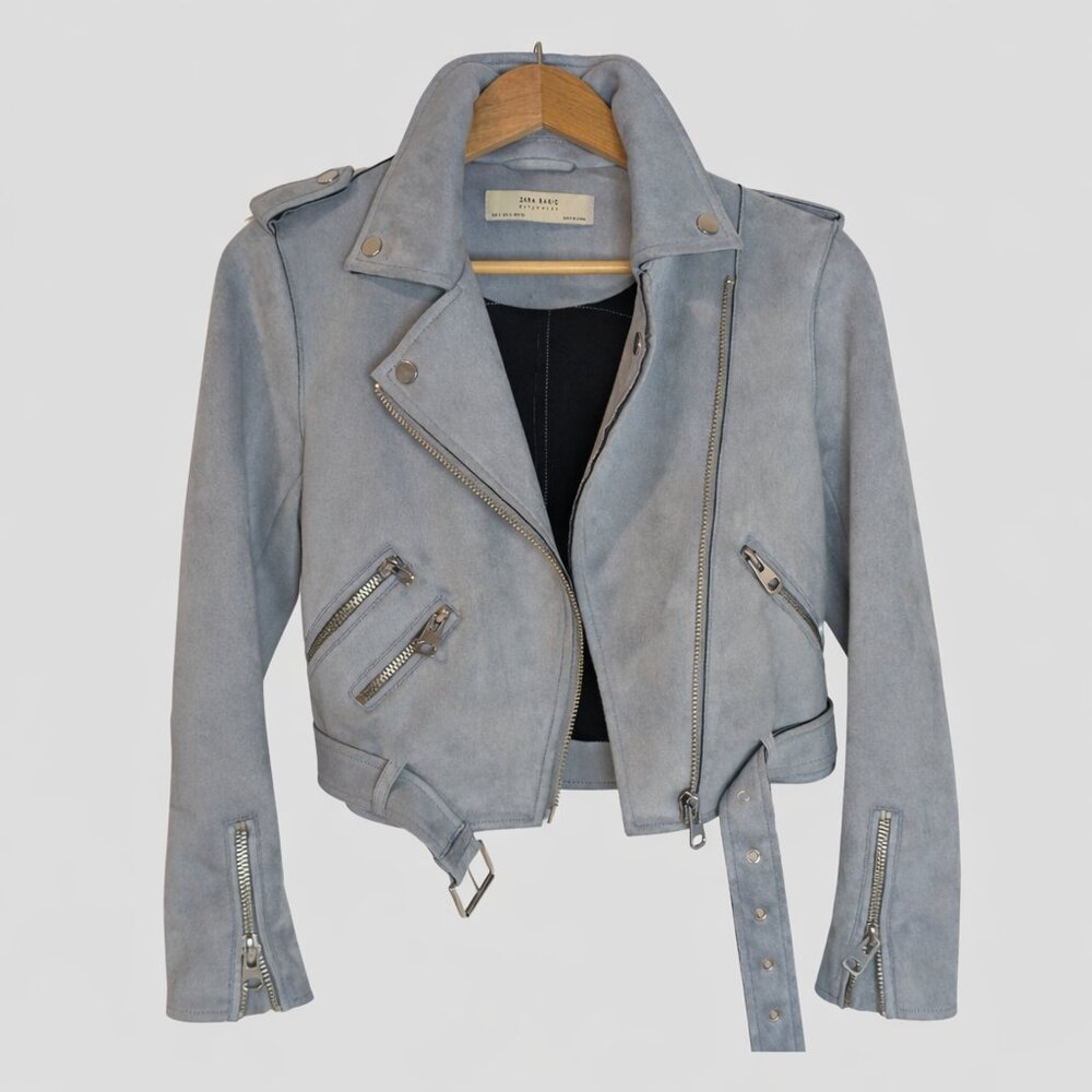 Zara Light Blue Suede Moto Jacket